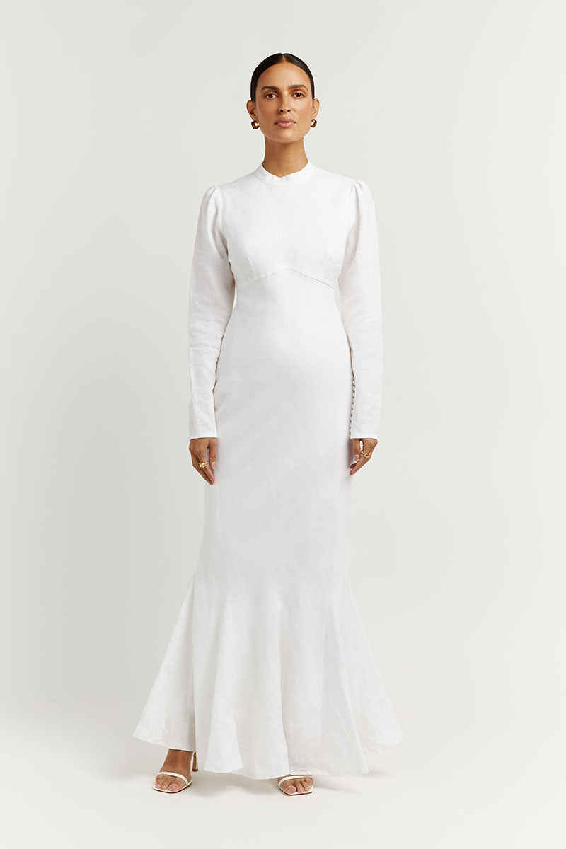 White Linen Midi Dress with Long Sleeves & Open Back