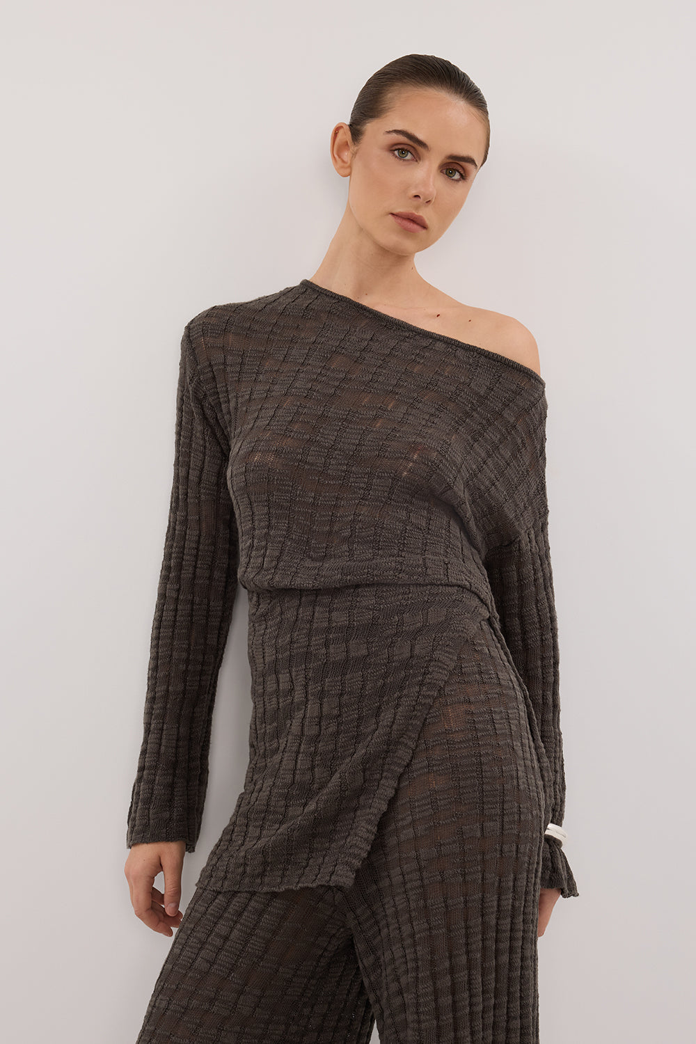 CIA Petrol Long Sleeve Knit Top - Boat Neck Off Shoulder Tunic