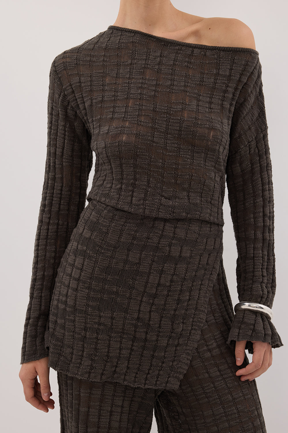 CIA Petrol Long Sleeve Knit Top - Boat Neck Off Shoulder Tunic