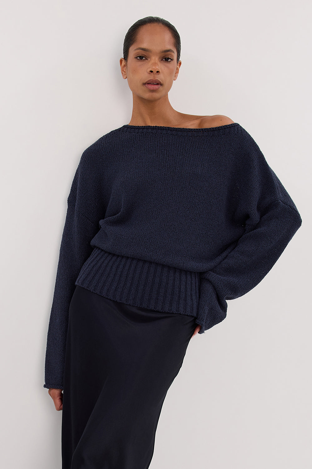 Jules Ink Relaxed Long Sleeve Knit Top with Boat Neck
