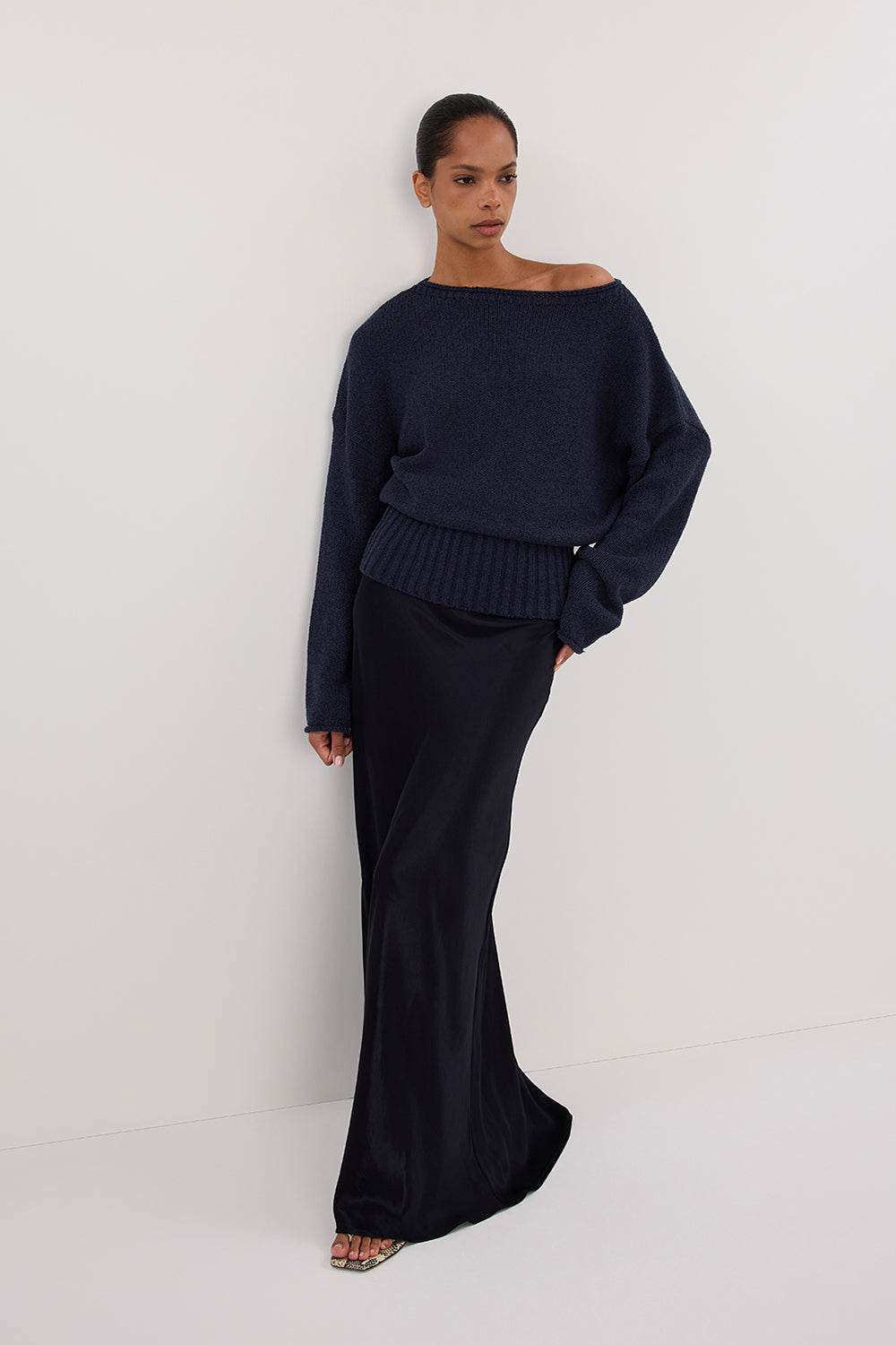 Jules Ink Relaxed Long Sleeve Knit Top with Boat Neck