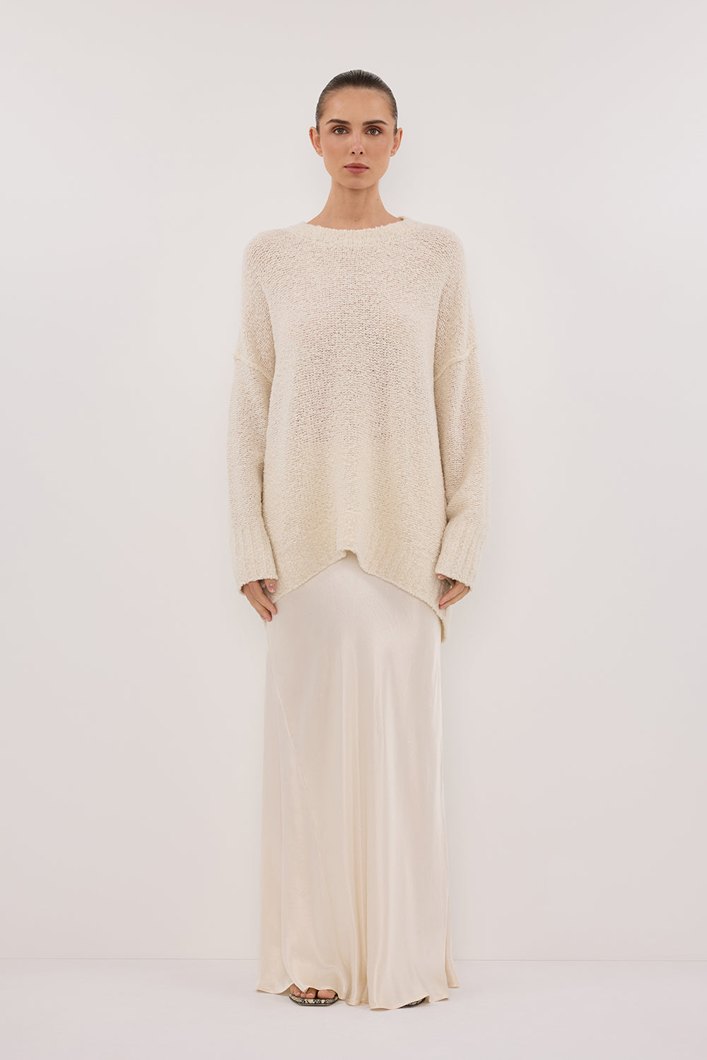 Cici Cream Oversized Boucle Knit Jumper - Longline Slouchy Sweater