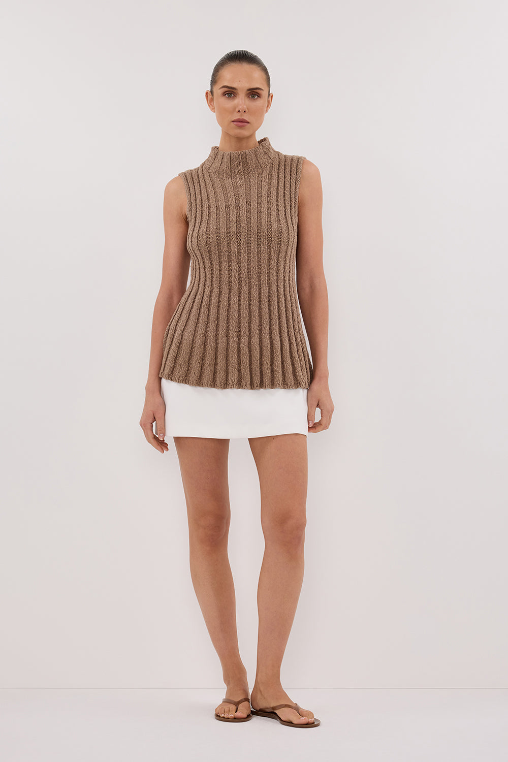 Vero Tan Sleeveless Knit Top with Ribbed Details