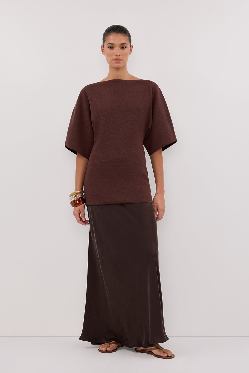 Lia Walnut Longline Knit Top with Cocoon Sleeves