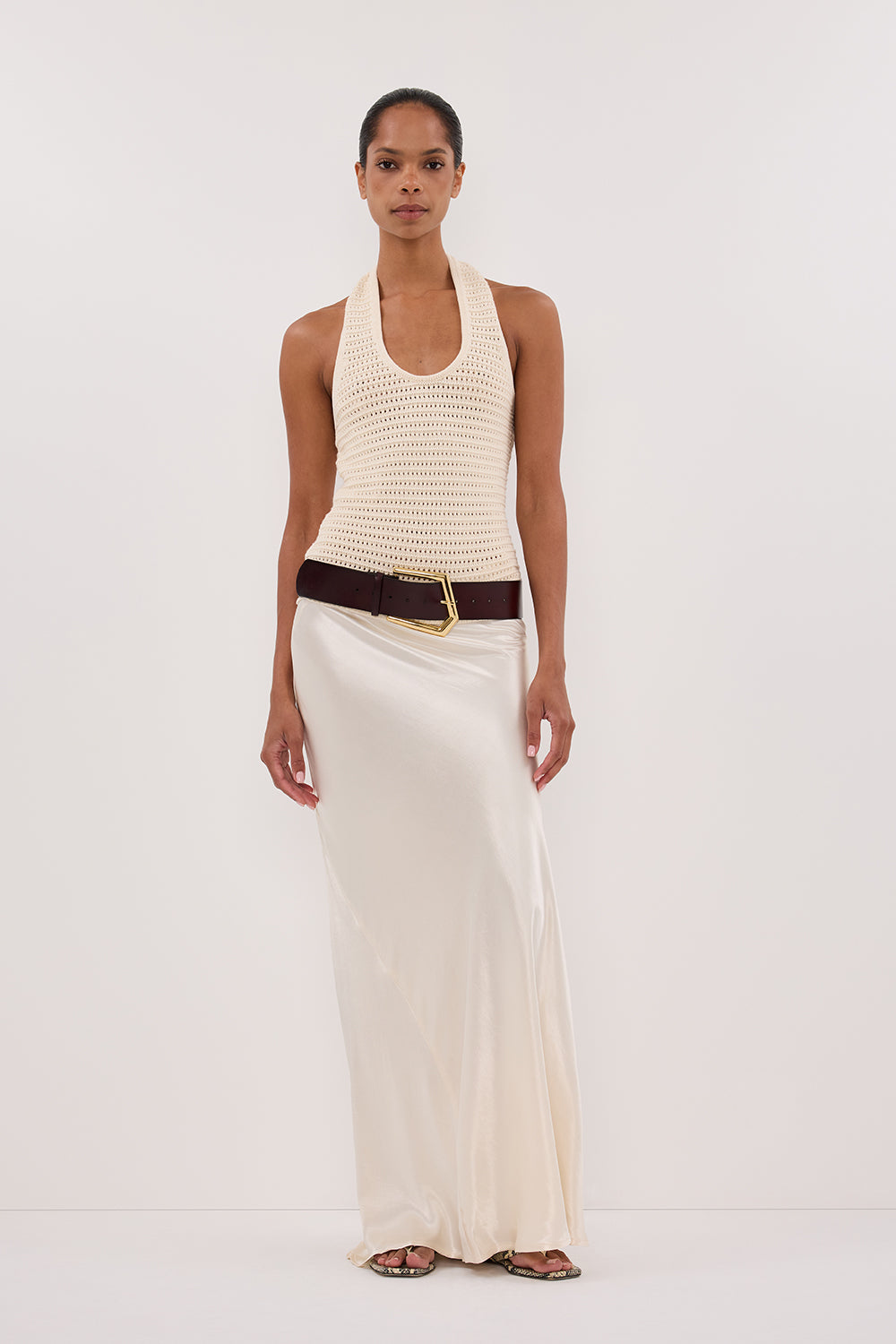 Gina Cream Halter Crochet Top - Sleeveless Button Closure