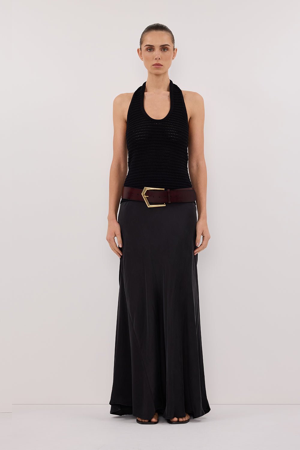 Black Crochet Halter Top with Gold Button Closure - Gina