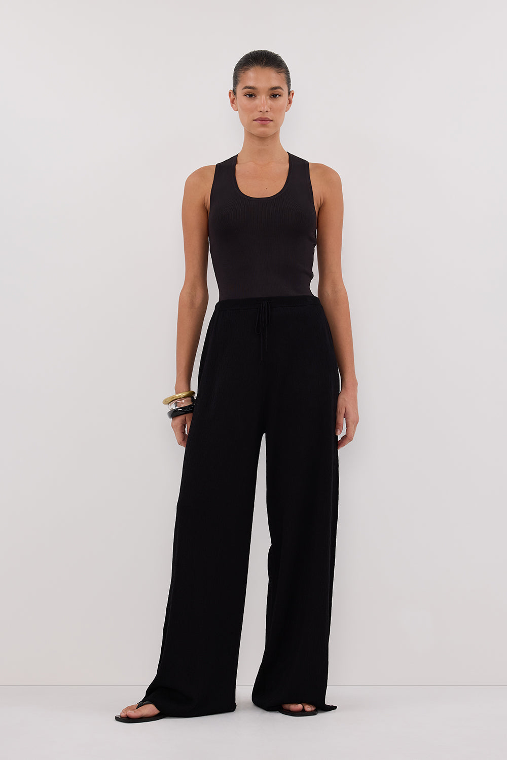 Alias Black Textured Knit Pants - High Rise Wide Leg with Tie Waist