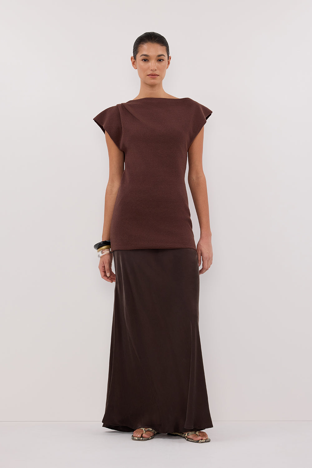Lia Walnut Sleeveless Knit Top - Asym Neckline, Longline Fit