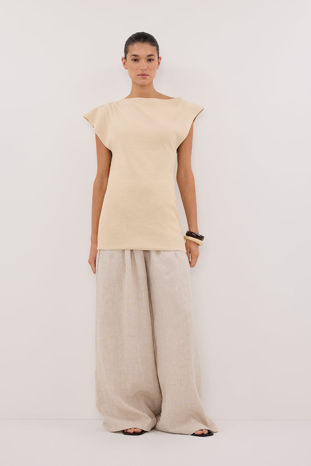 Lia Natural Asym Neckline Sleeveless Knit Top
