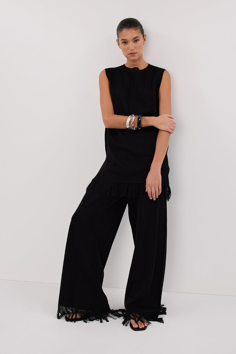 Aria Black Fringed High-Rise Knit Pants - Wide Leg Design