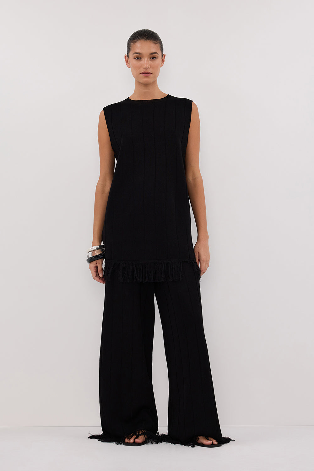 Aria Black Fringed Sleeveless Tunic Top