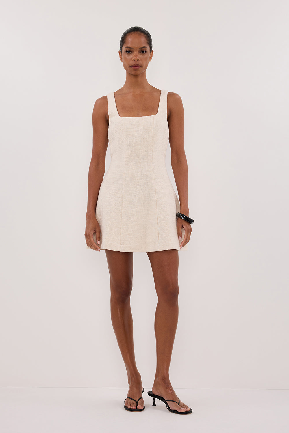 Nieve Natural Sleeveless Mini Dress - Square Neckline, Basket Weave Fabric