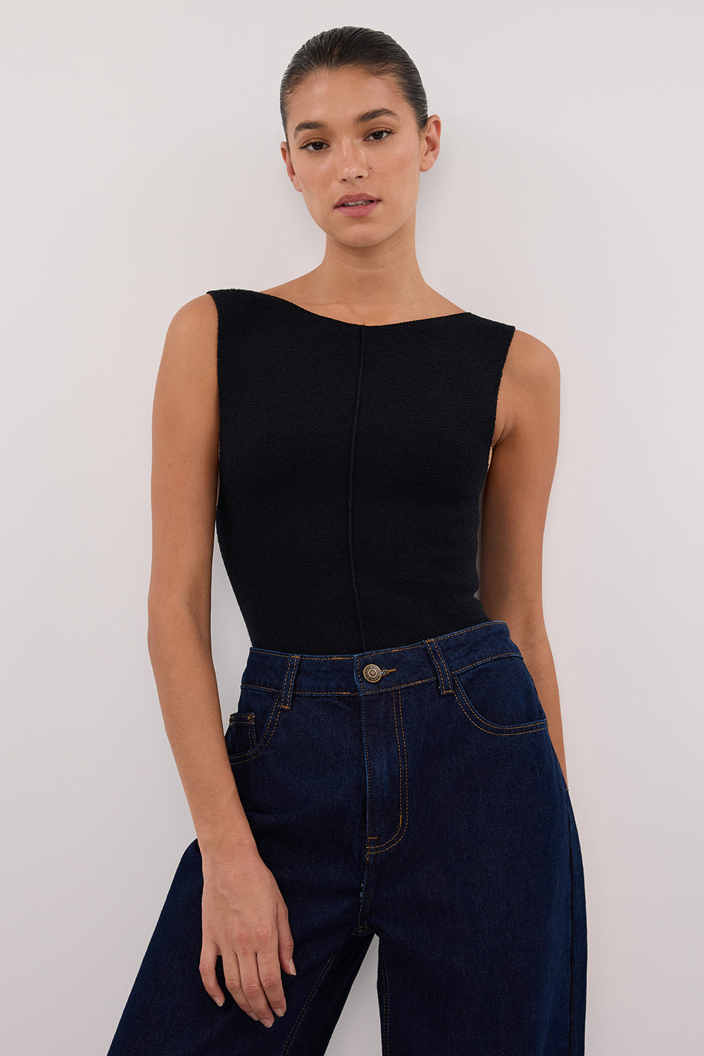Black Boat Neck Sleeveless Top - Owen Crepe Knit