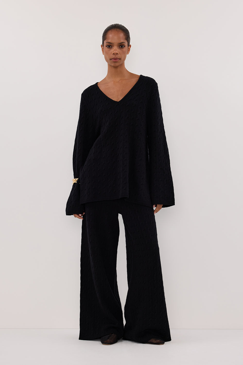 Maren Black Cable Knit Wide Leg Pants - High Rise Ribbed Waist