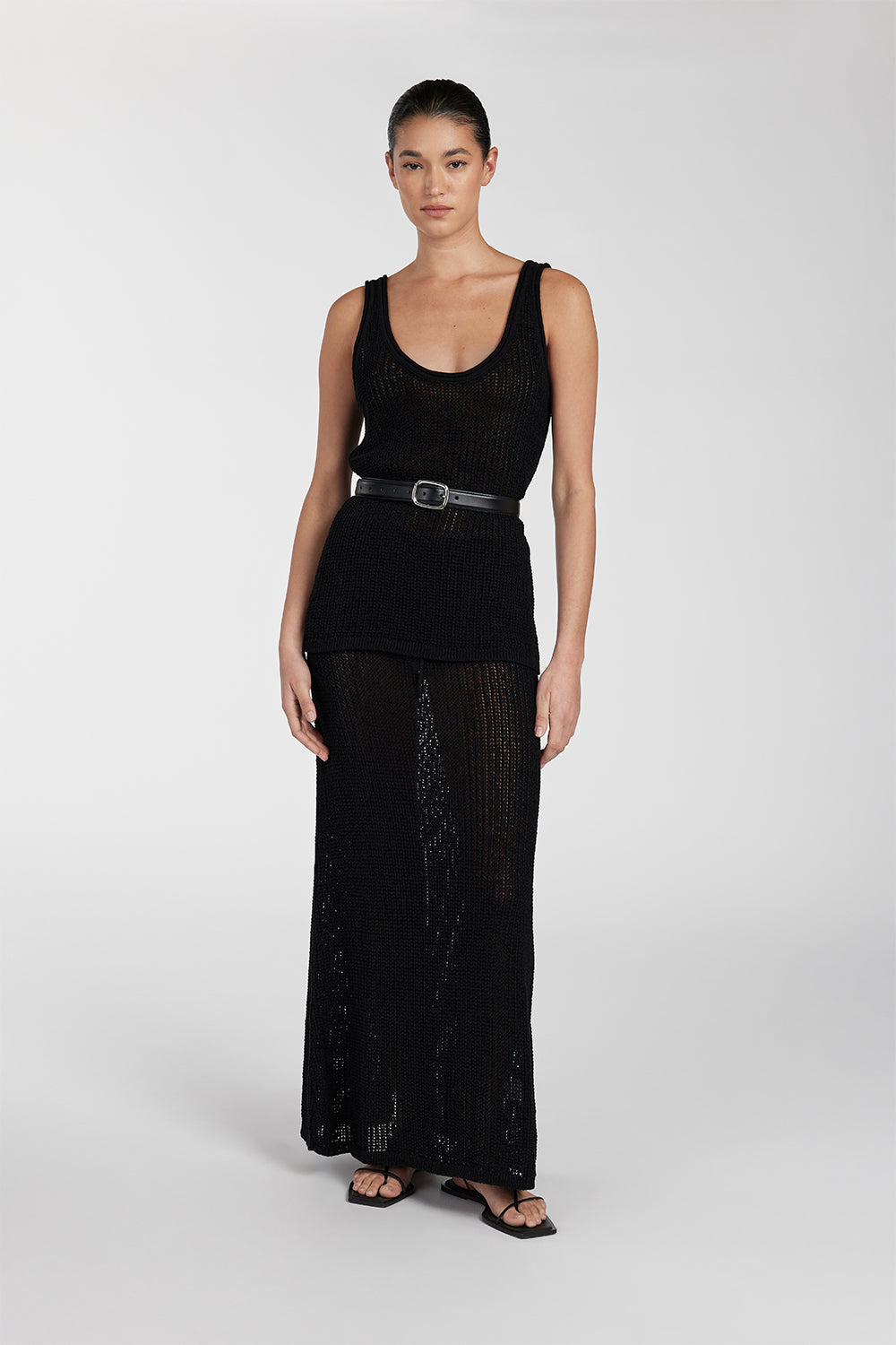 Black Crochet Midi Skirt with Elastic Waist & Drawstring