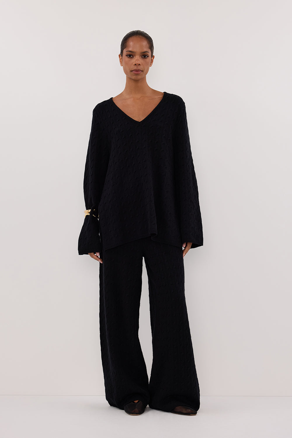 Maren Black Cable Knit V-Neck Jumper - Relaxed Fit