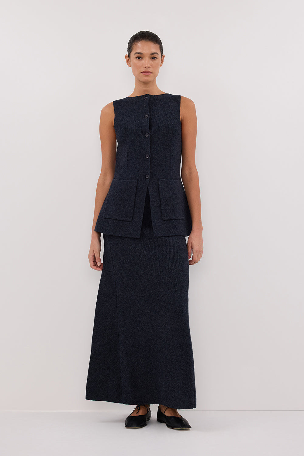 Ava Ink High Waist Longline Knit Midi Skirt - Navy