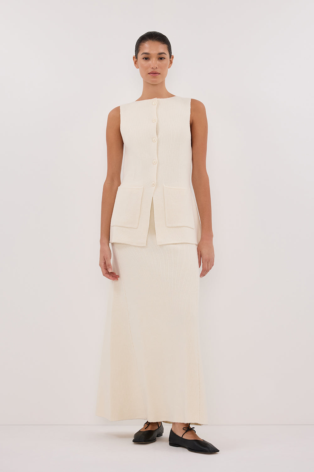 Ava Cream Longline Knit Midi Skirt - High Waist A-Line Skirt
