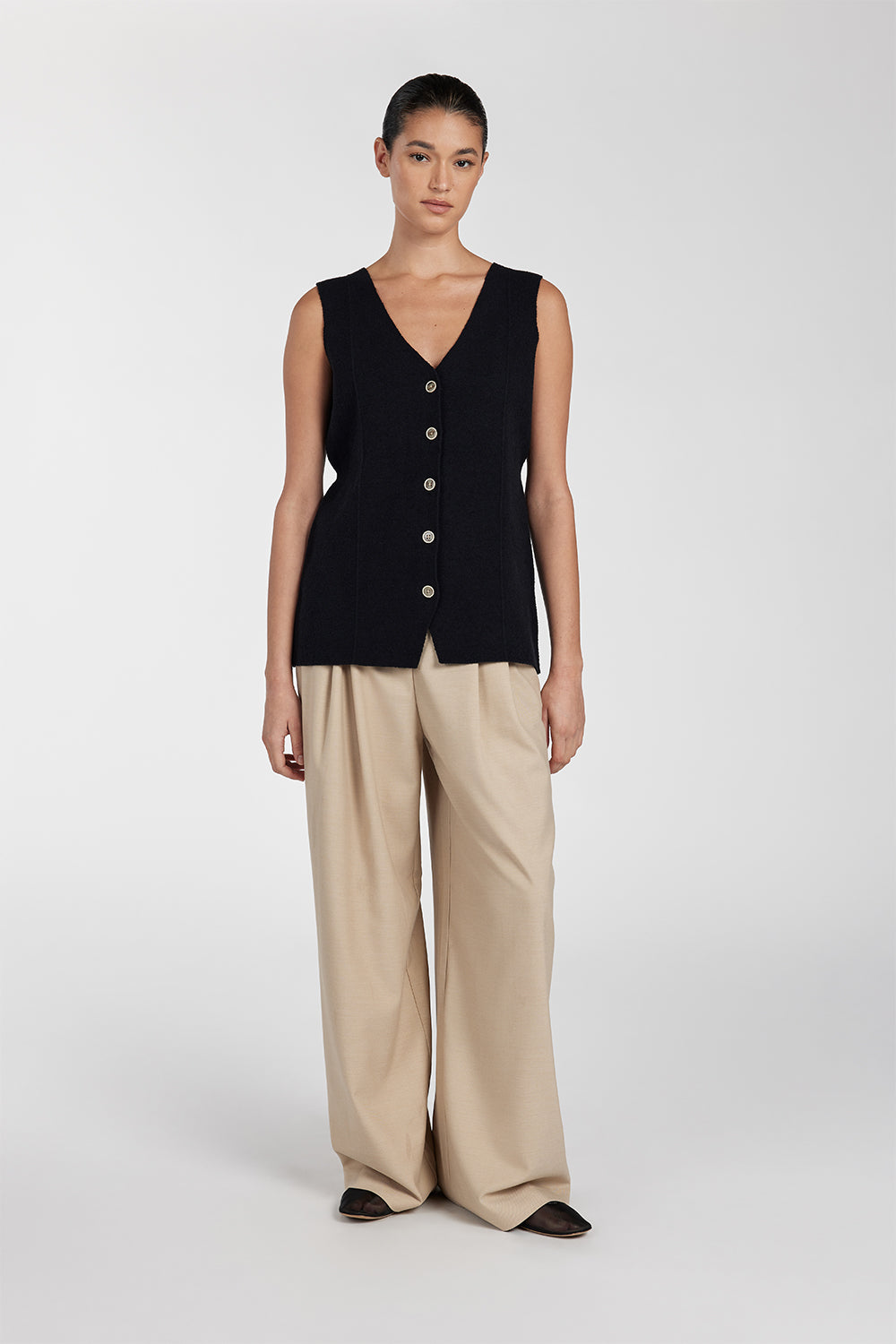 Black Tailored Knit Vest with V-Neck & Back Ties - Lisa
