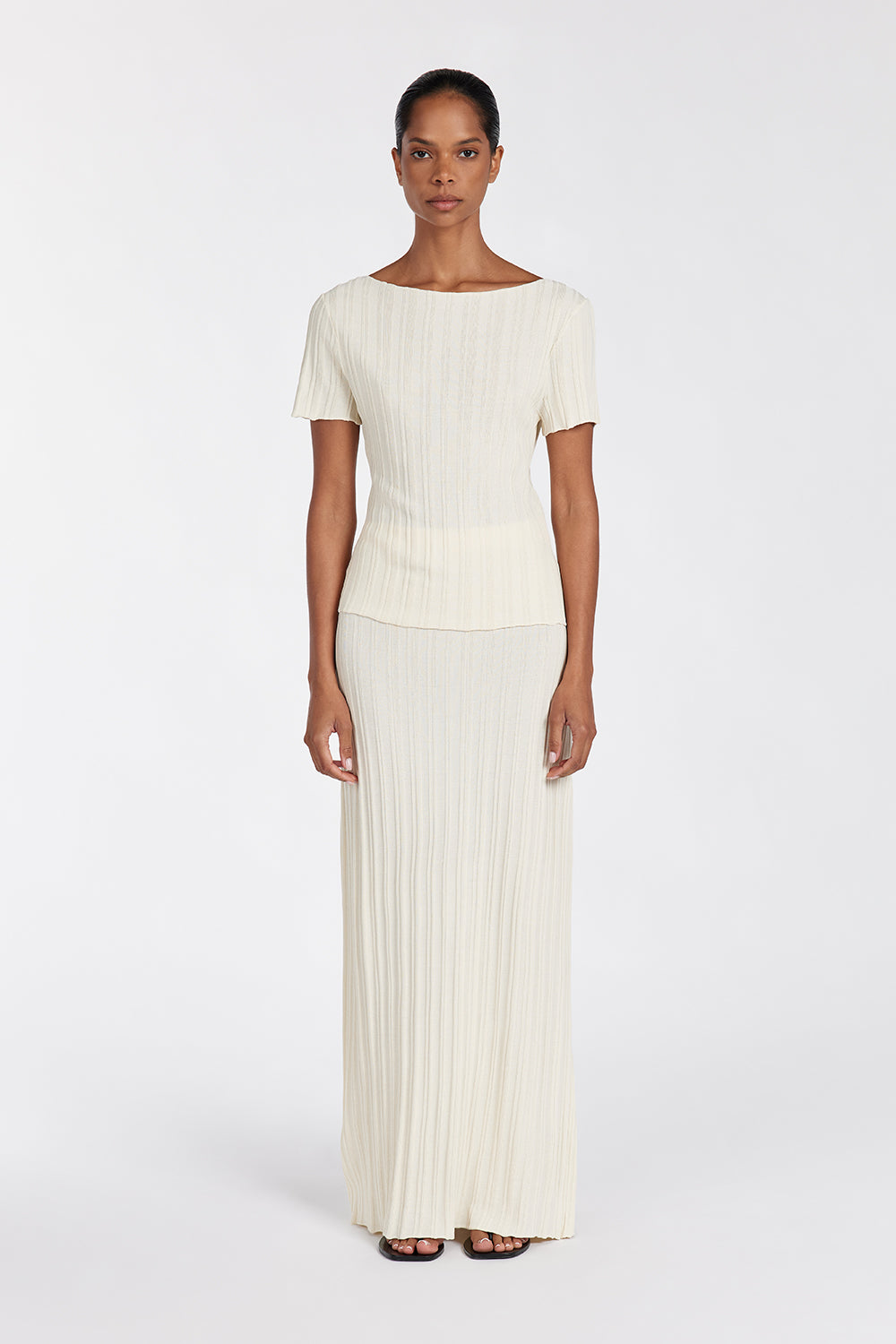 Sylvia Ribbed Knit Top - Cream Cap Sleeve Boat Neck Tee