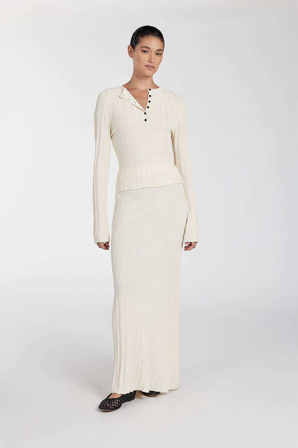 Sylvia Cream Knit Midi Skirt with Elastic Waist & Back Split