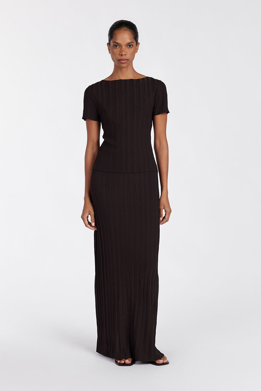 Sylvia Bitter Chocolate Knit Midi Skirt - Elastic Waist Stretch Fit