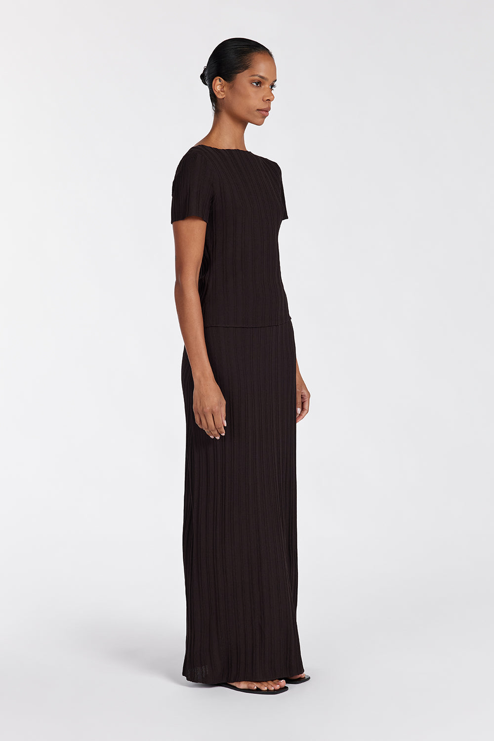 Sylvia Bitter Chocolate Knit Midi Skirt - Elastic Waist Stretch Fit
