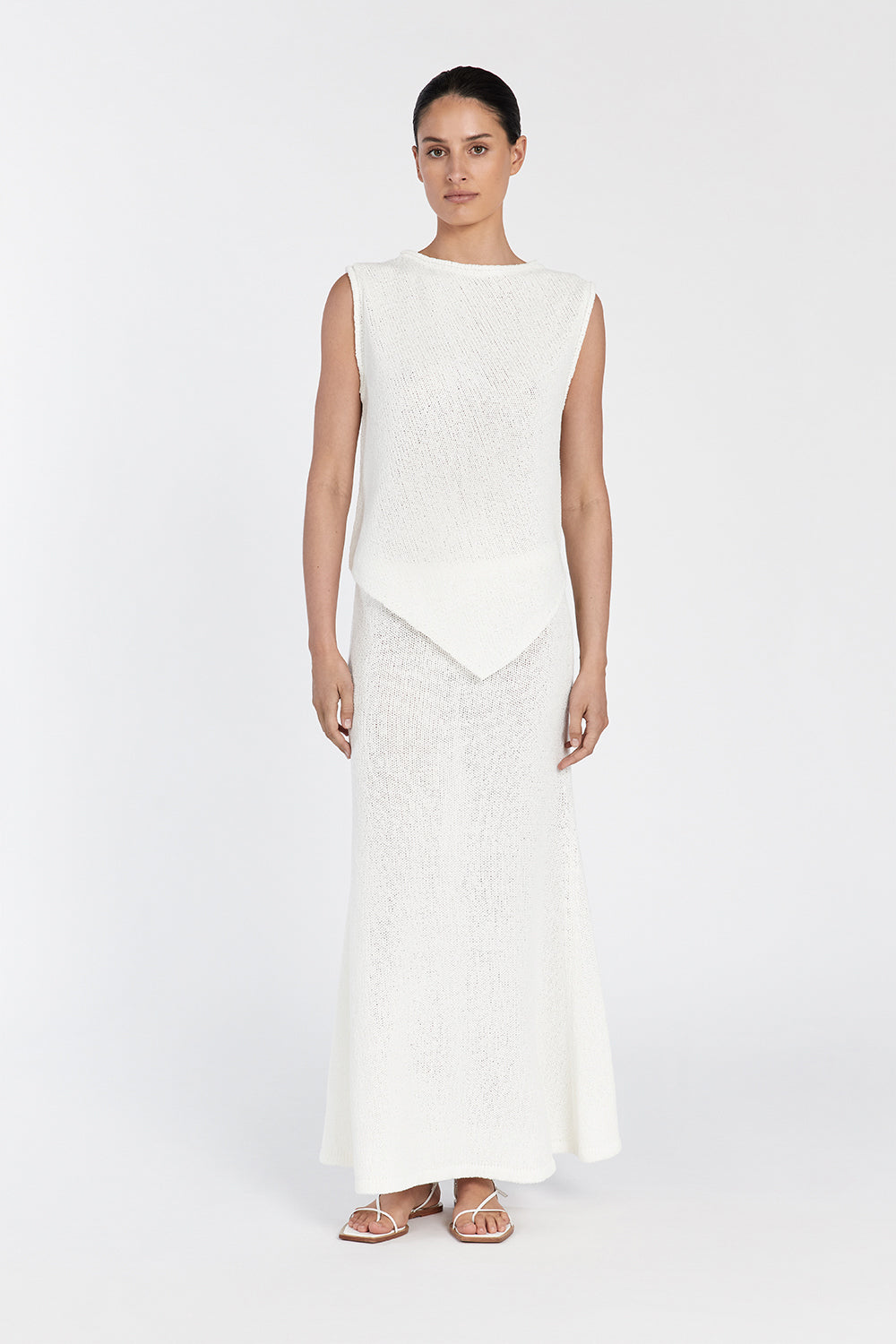 Althea Off White Sheer Knit Maxi Skirt with Elastic Waist