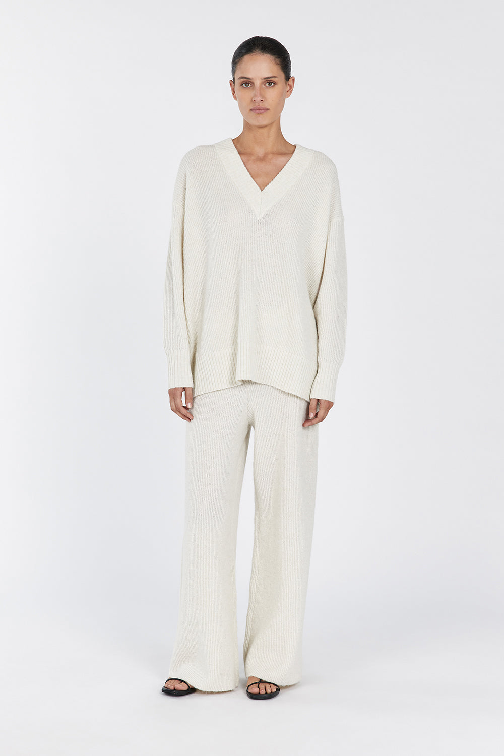 Zelie Cream Marle Knit Pants - Relaxed Wide Leg & Elastic Waist