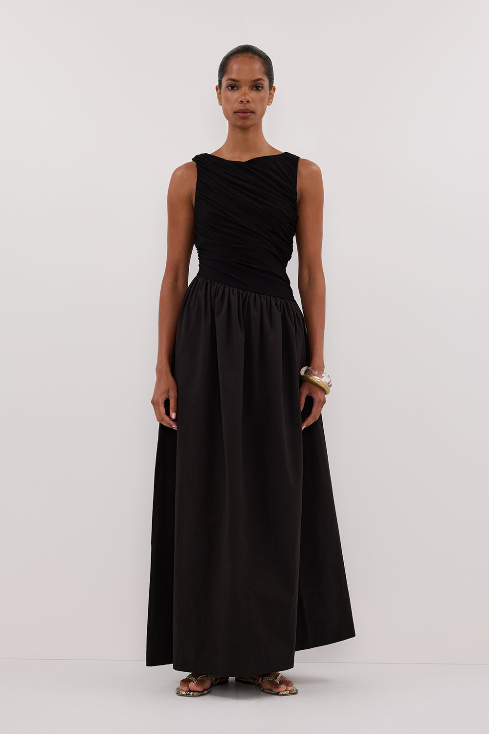 Black Hybrid Midi Dress with Asym Neckline & Jersey Bust