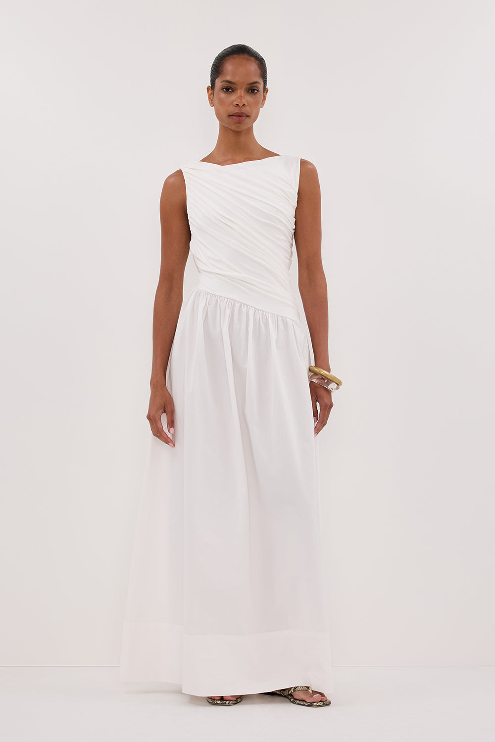 Alexandra White Sleeveless Hybrid Midi Dress with Ruching