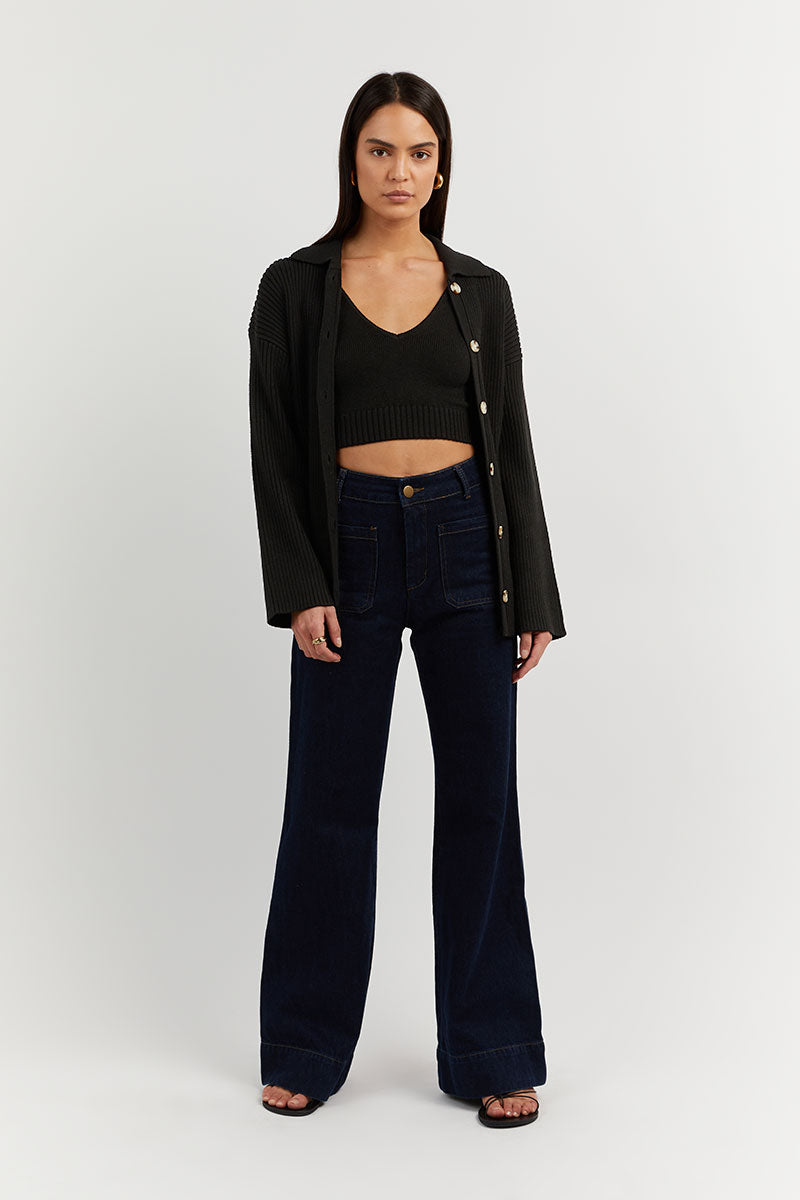 Stella Black V-Neck Cardigan Shirt - Long Sleeve Button Up