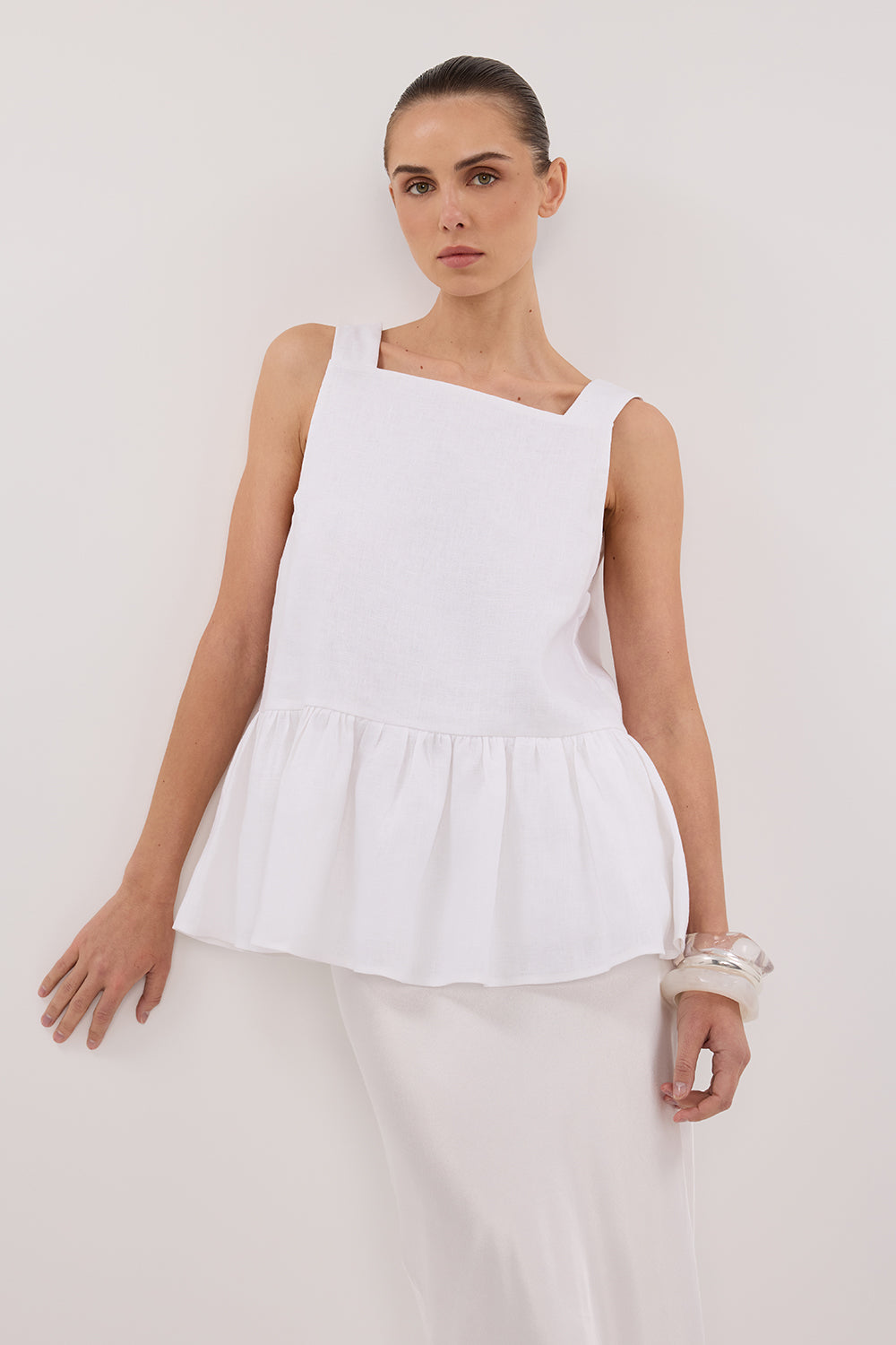 White Linen Peplum Top - Sleeveless Square Neck Blouse