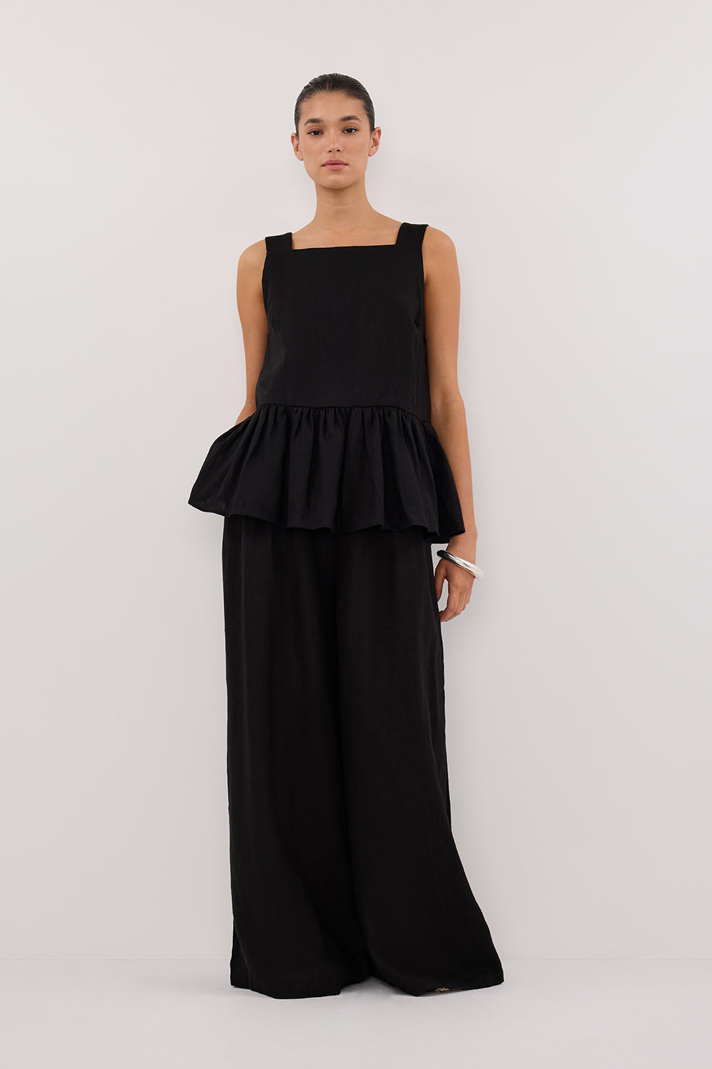 Black Linen Peplum Top - Sleeveless Square Neck with Gathered Hem