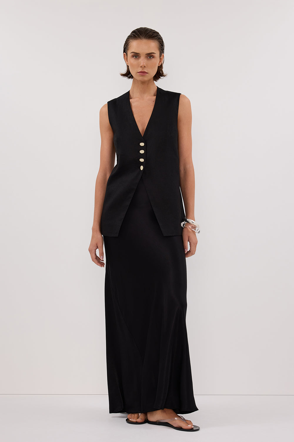 Black Linen Vest for Women – Knox Sleeveless Longline with Adjustable Tie
