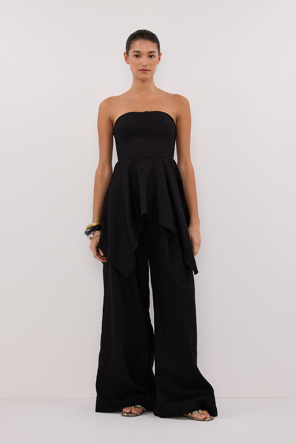 Black Linen Strapless Top - LUNA Handkerchief Hem Fitted Bust