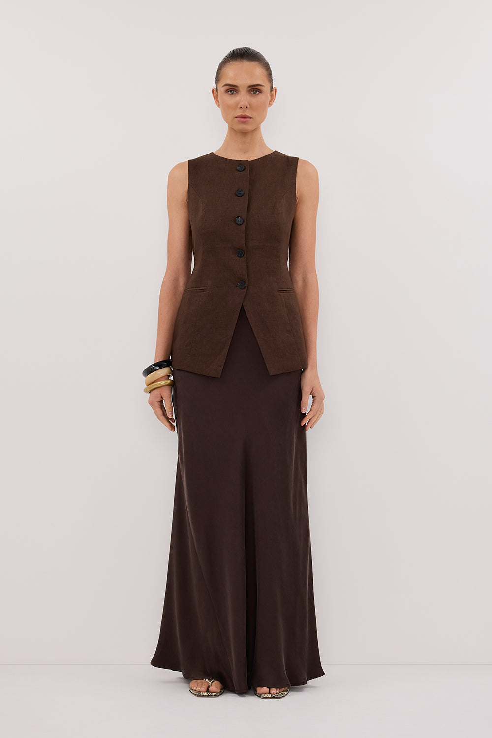 Alessia Bitter Chocolate Linen Vest Top with Waist Tie