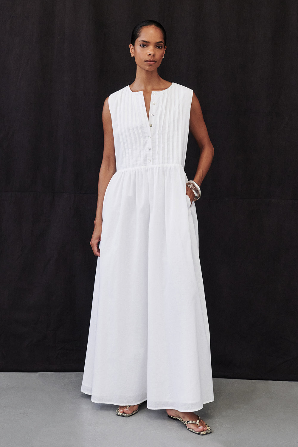 Lars White Linen Midi Dress with Pintuck Detailing & Pockets