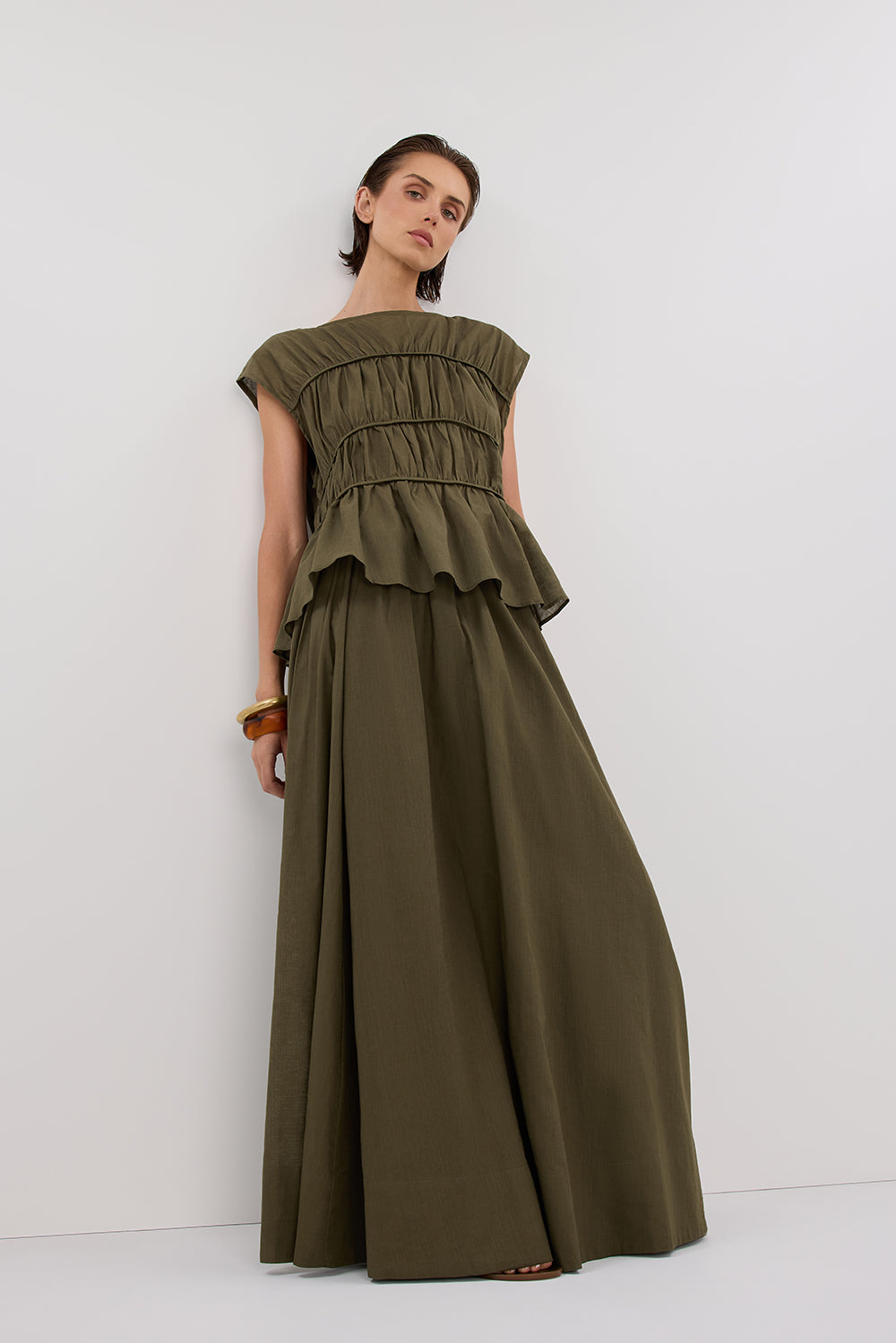 Flynn Olive Linen Blend Maxi Skirt with Drawstring Waist
