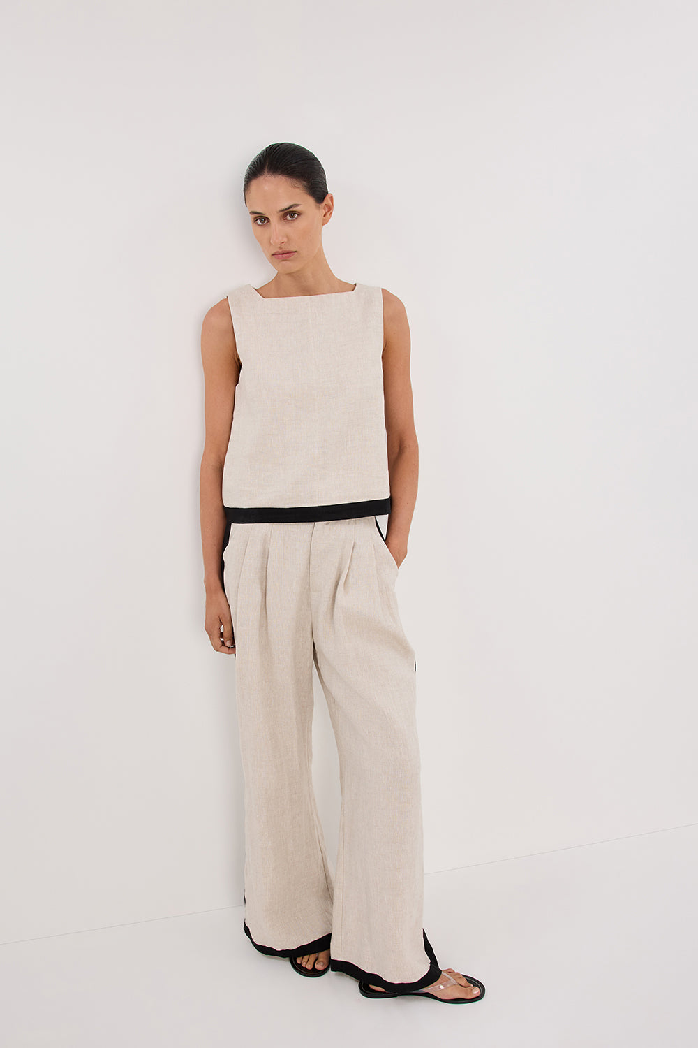 High Rise Wide Leg Linen Pants - Ebony Natural with Belt Loops