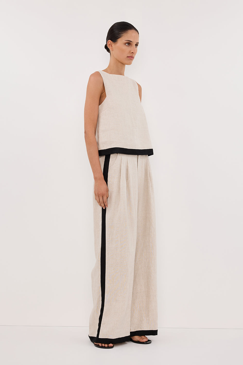 High Rise Wide Leg Linen Pants - Ebony Natural with Belt Loops
