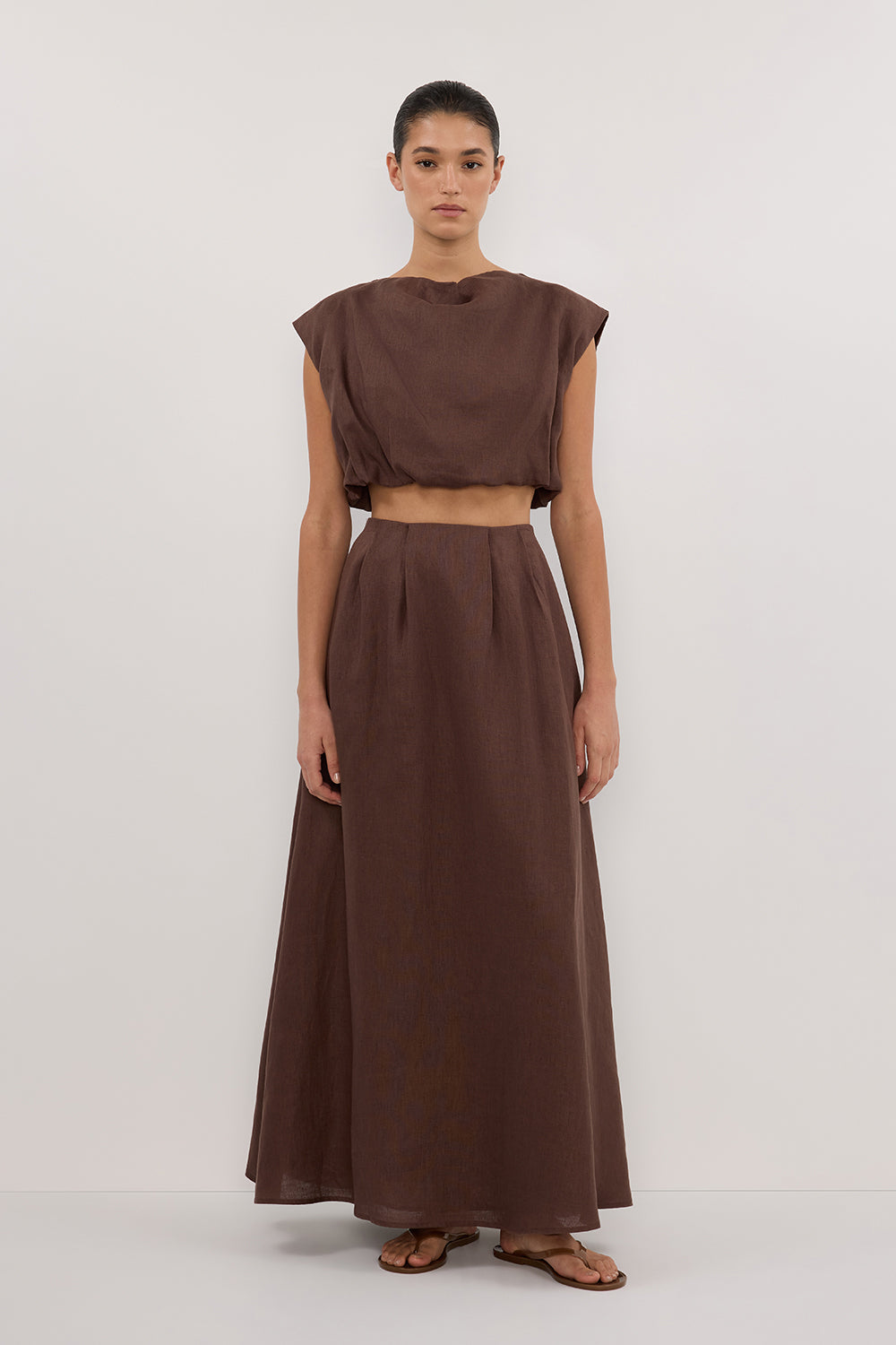 Amy Choc Linen Bubble Top - Cap Sleeve Cropped Blouse with Elastic Waist