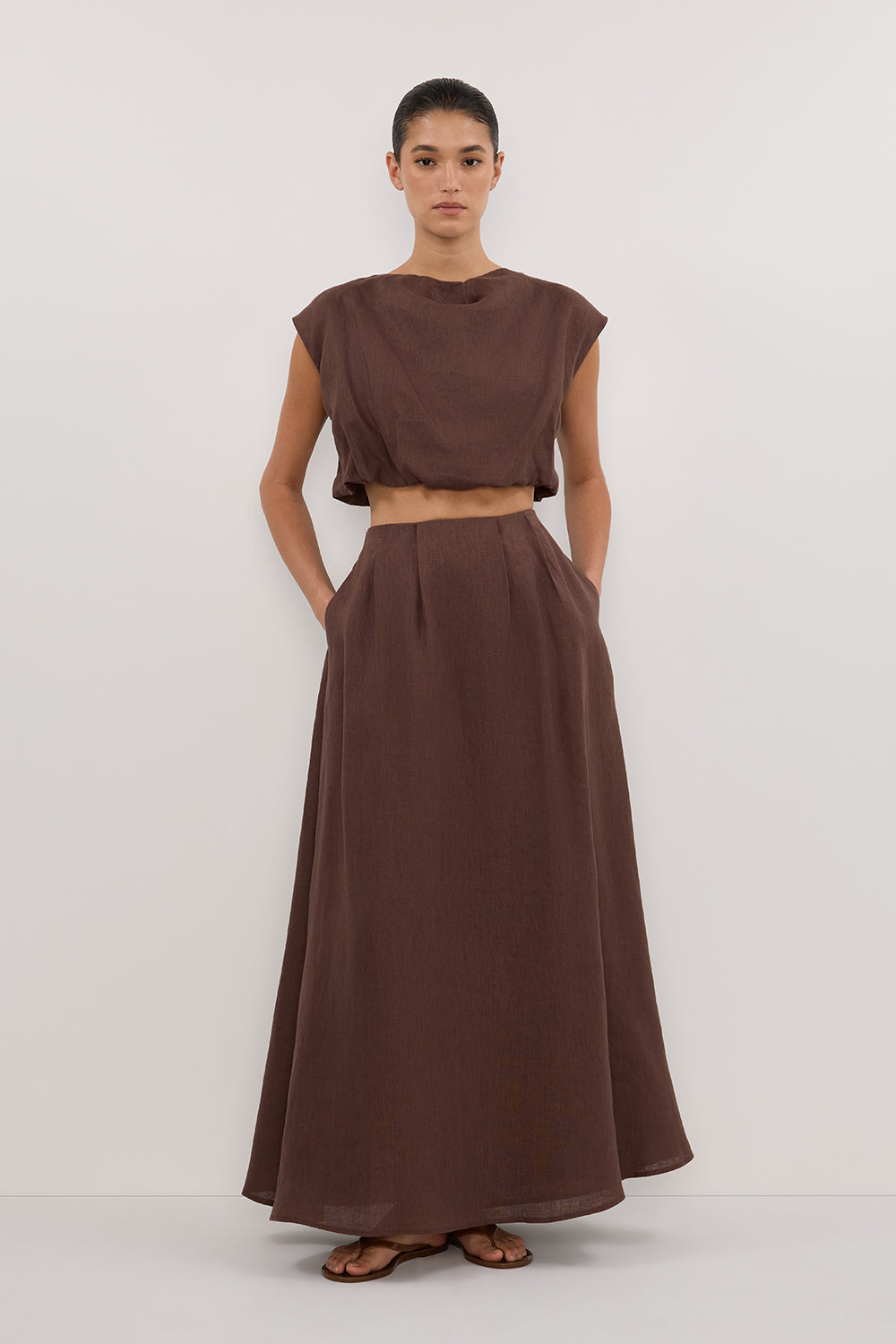 Amy Choc Linen Midi Skirt with Pockets & Elastic Waist
