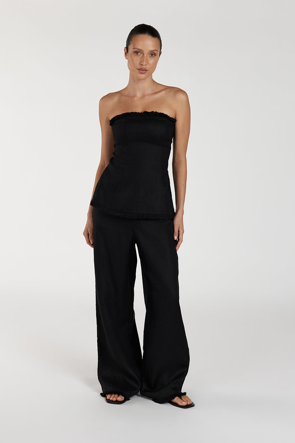 Zahara Black Linen Fringe Pants - High Rise Straight Leg