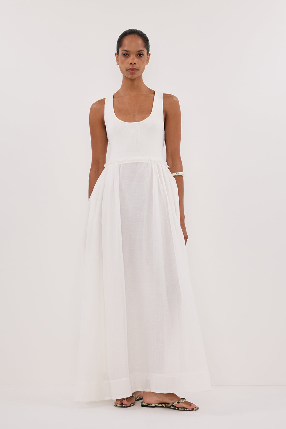 White Knit Midi Dress with Ramie Skirt & Side Pockets