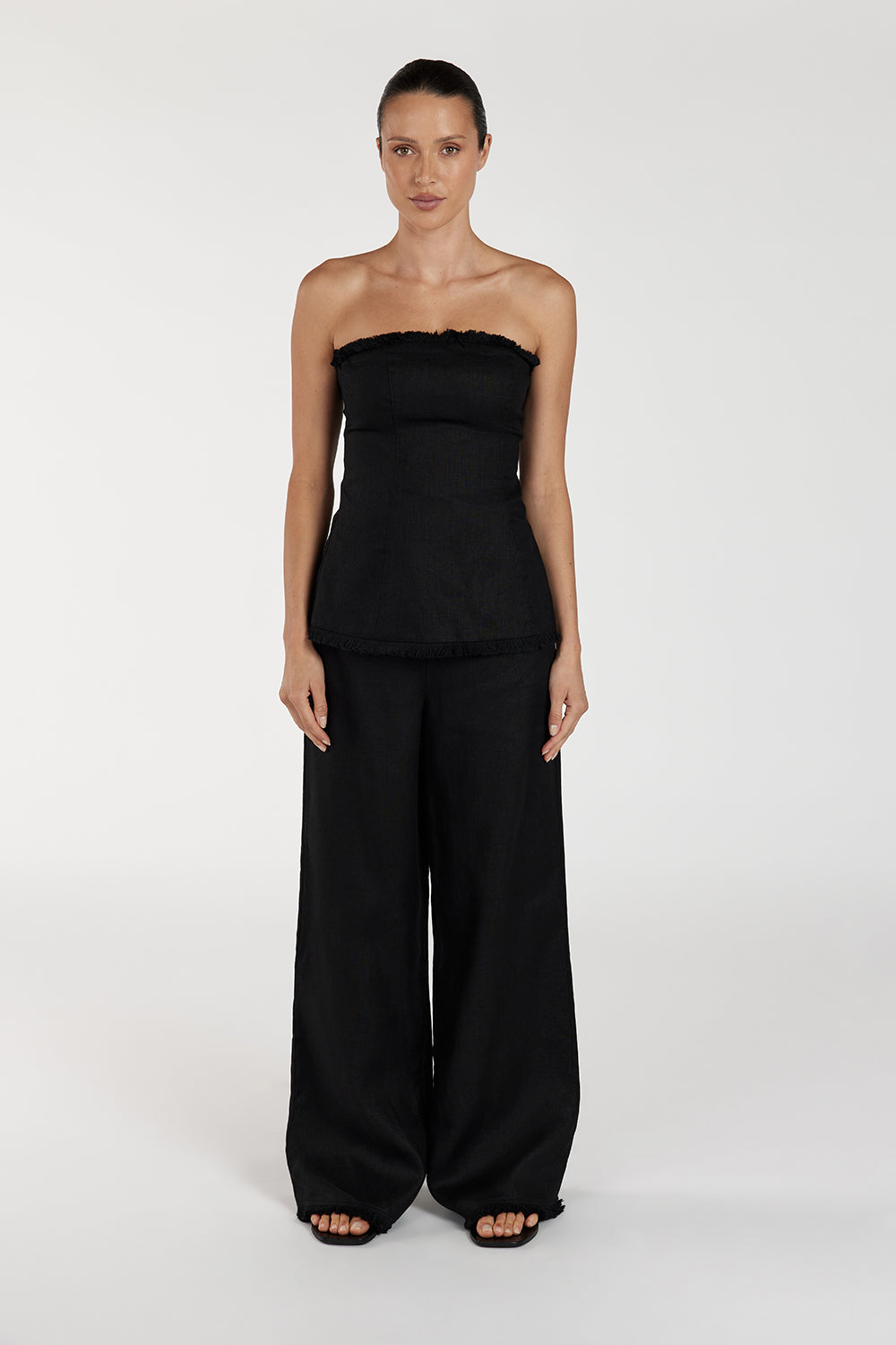 Zahara Black Linen Strapless Top with Fringe Detail