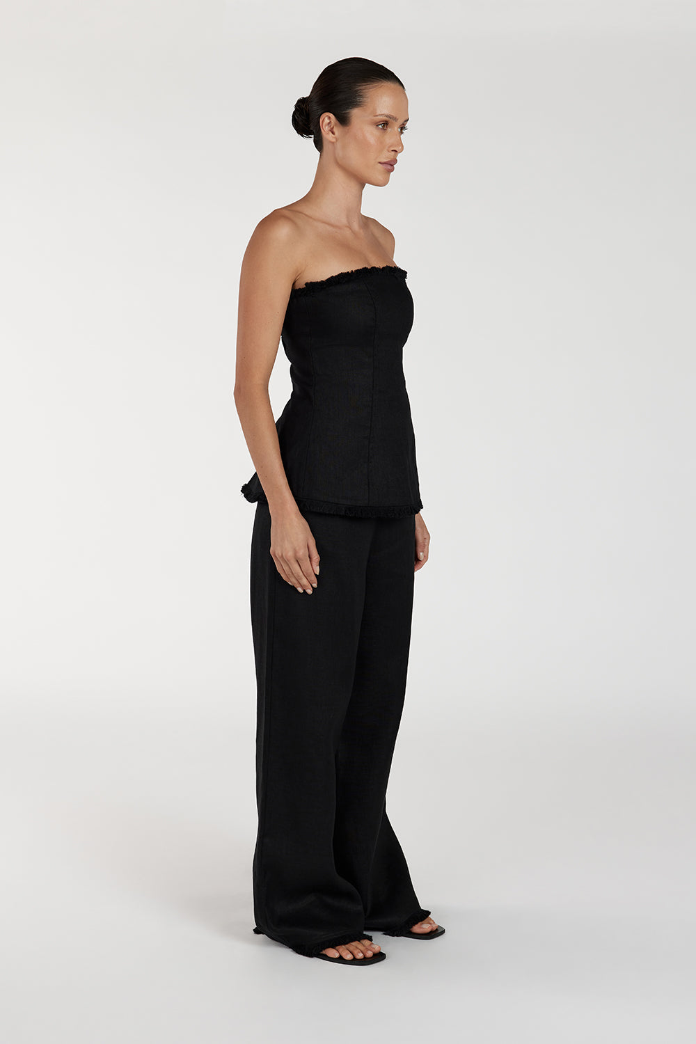 Zahara Black Linen Strapless Top with Fringe Detail
