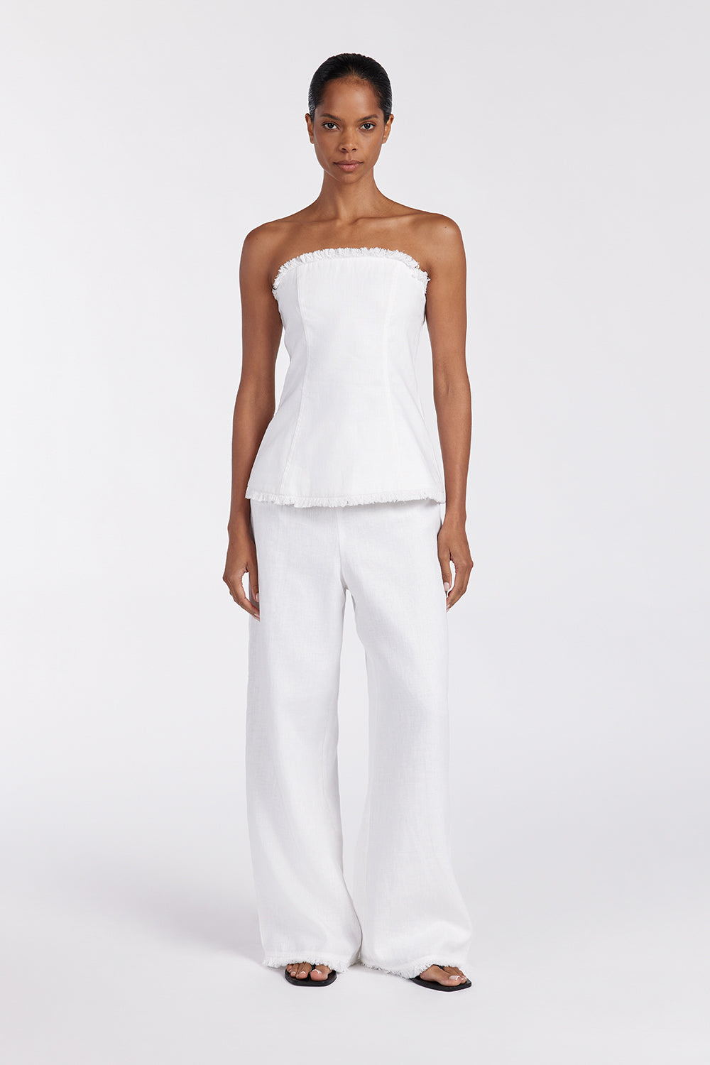Zahara White Linen Fringed Pants - High Rise Straight Leg