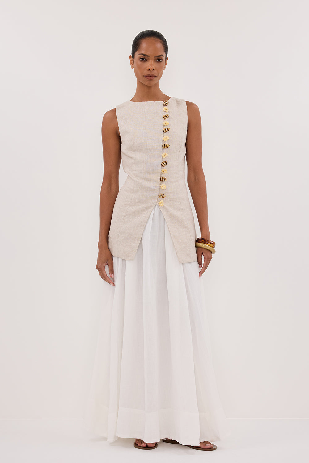 Baylee Linen Sleeveless Top with Adjustable Tie & Statement Buttons