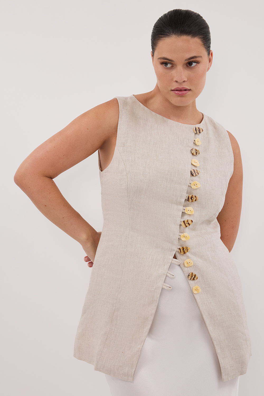 Baylee Linen Sleeveless Top with Adjustable Tie & Statement Buttons